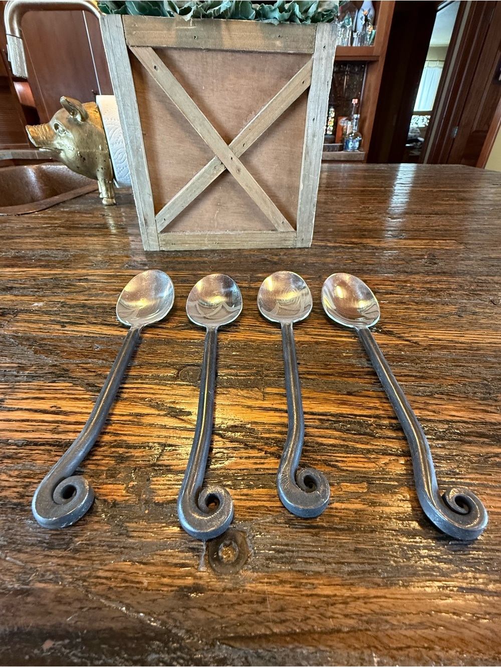 Treble Clef Fiddlehead Soup Spoons 4 Set Rustic Scroll Curly Handle Black